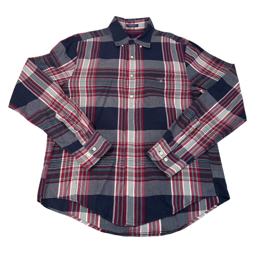 VTG GANT Spinnaker Madras Regular Fit Plaid Button Down Shirt Mens Med Navy Red